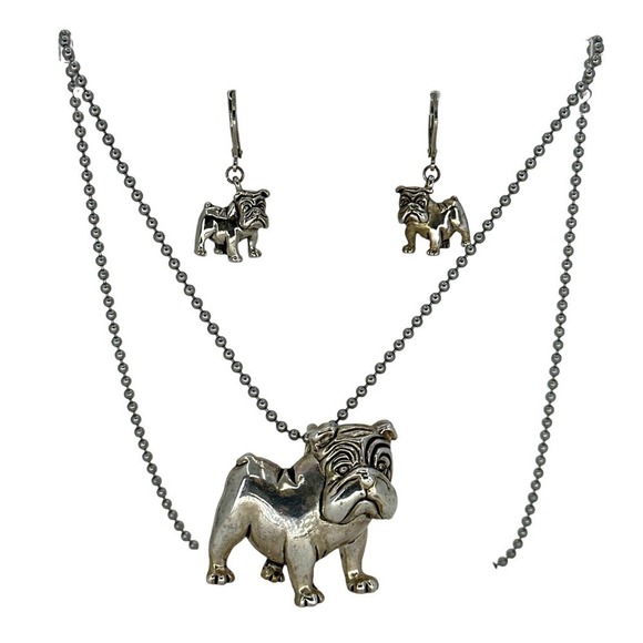 Bulldog Jewelry Set Earring and Pendant/Brooch Silvertone - Picture 1 of 5